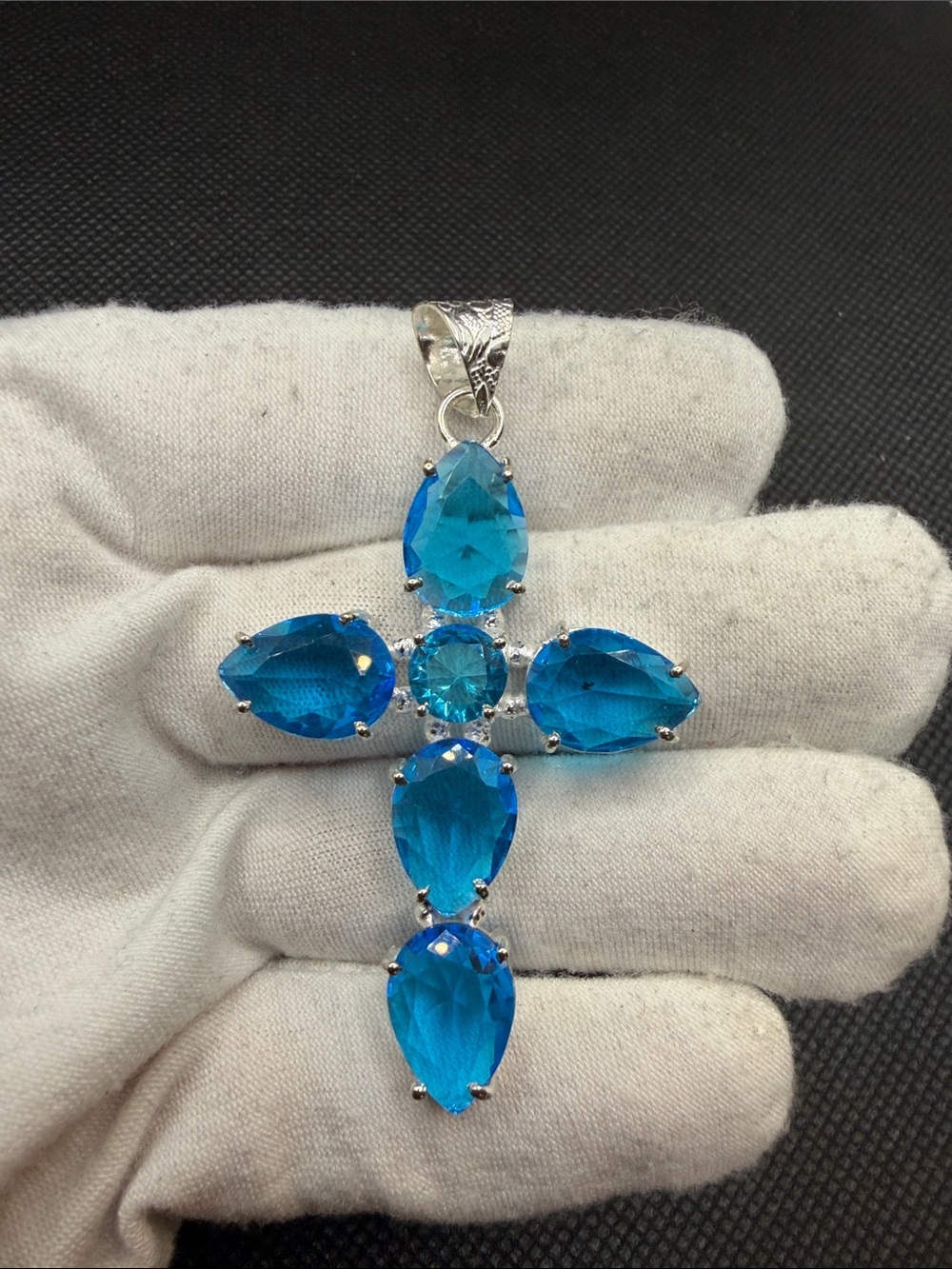 Vibrant Swiss & Sky Blue Topaz Sterling Silver Cross Pendant 2.6”